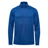 A blue men's 1/4 zip pullover jumper with long sleeves and a subtle logo.