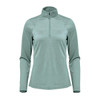 A women's 1/4 zip pullover in a soft green colour, featuring long sleeves and a high collar. It has a logo.
