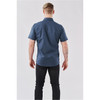 Men's short-sleeve button-up shirt in navy blue with a subtle pattern, featuring a logo on the back.