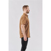 A men's short-sleeve button-up shirt in brown, featuring a subtle pattern, displayed on a model in profile.