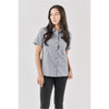 A short-sleeved women's button-up shirt in light grey, featuring a fitted design and a logo.