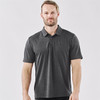 A men's polo shirt in dark grey with a collared neckline and a logo on the chest.