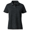 A women's polo shirt in a textured black design featuring a classic collar and three-button placket. It has a logo.