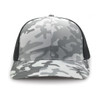 A grey and black trucker cap featuring a snow camouflage pattern and a mesh back with a logo.