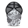 A grey and white camo trucker cap featuring a mesh back and a curved brim. It includes a logo on the front.