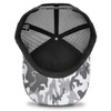 A black and white snow camo trucker cap with a mesh back and a solid black interior. It features a logo on the side.