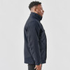 A men's navy jacket featuring a high collar and side pockets, with a visible logo.