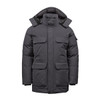 Men's Denali Parka in dark grey, featuring multiple pockets and a hood. The jacket has a logo on one sleeve.