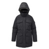 A black women's parka jacket with a hood, featuring multiple front pockets and a sleek design.