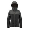 A women's jacket in dark green and black, featuring a hood and a logo on the design.