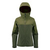 A green women's jacket with a hood and zip, featuring contrasting tones and a logo.