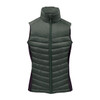 A green women's thermal vest with a high collar and padded design, featuring black side panels and a front zipper.