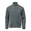 A men's fleece jacket in grey, featuring a high collar and zip front, with side pockets and branding.