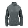 A green women's fleece jacket featuring a high collar and zip front, with side pockets and a logo.
