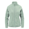 A women's polar fleece jacket in light green, featuring a zip front and side pockets, with a logo present.