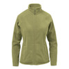 A women's polar fleece jacket in olive green with a zip front and side pockets. Features a high collar and fitted design.