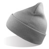 A grey beanie made from recycled polyester, featuring a ribbed design and a pointed top. It has a logo on the side.