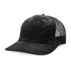 A black camo trucker cap with a mesh back and a curved brim. The cap features a branding logo.