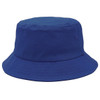A blue bucket hat with a wide brim, featuring a small hole and a simple design.