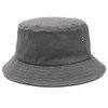 A grey bucket hat with a wide brim and a small branding logo. Ideal for casual wear.