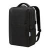 A sleek black backpack featuring multiple compartments and a branding logo. It has padded shoulder straps for comfort.