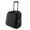 A wheeled underseat luggage bag in black with a telescopic handle and a logo. Features a zippered compartment.