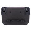 A wheeled underseat luggage in dark grey fabric with black accents and sturdy wheels.