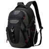 A black and grey backpack with red accents and a logo, featuring multiple compartments and a side pocket.