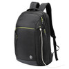 A black backpack with green zippers, featuring multiple compartments and a logo.