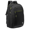 A black backpack with green accents, featuring multiple zippers and a logo on the side.