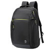 A black backpack with yellow accents, featuring multiple zippered compartments and a logo.
