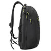 A black backpack with green accents, featuring multiple zippers and adjustable straps. It has a side profile view.