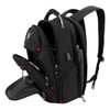 A black Swissdigital Pixel Backpack with multiple compartments and zippers, featuring an integrated logo.