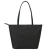 A dark grey tote bag with two handles and a zip closure, featuring a branded logo.