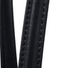 Close-up of a black, textured strap from a tote bag, featuring detailed stitching. The bag has a logo on it.