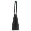 A sleek black tote bag with long handles, featuring a modern design and a subtle logo.