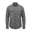 A green long-sleeve men's shirt with buttoned chest pockets and a collar, featuring a logo.
