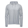 A light grey men's pullover hoody with a hood and long sleeves. The garment features a logo.
