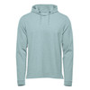 A light blue pullover hoody with a front pocket and a drawstring adjustable hood. It features a logo.