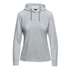 A light grey women's hoodie with a drawstring hood and long sleeves. It features a branding logo.