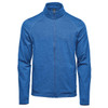 A blue men's performance jacket with a zip front and stand-up collar, featuring side pockets and branding.
