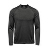 A long-sleeve crew neck shirt in dark grey with a logo on the front.