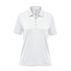 A white women's polo shirt with a collar, short sleeves, and a buttoned placket. It features a logo.