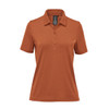 A women's polo shirt in a warm rust colour, featuring a classic collar and three-button placket. It has a logo.