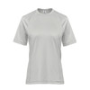 A light grey women's t-shirt with short sleeves, featuring a raglan design and a logo on the front.