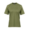 A green women's t-shirt with short sleeves and a round neckline. Features a logo on the fabric.