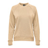 A women's crew neck jumper in a soft beige colour, featuring long sleeves and a ribbed neckline. It has a logo.