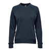 A dark navy women's fleece crew neck jumper with a simple design and ribbed cuffs and hem. It features a logo.