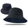 A reversible bucket hat featuring navy and black colours, with a logo visible. Perfect for headwear collections.