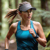 A woman runs through a forest wearing a grey visor and a teal athletic top, with her hair pulled back.
